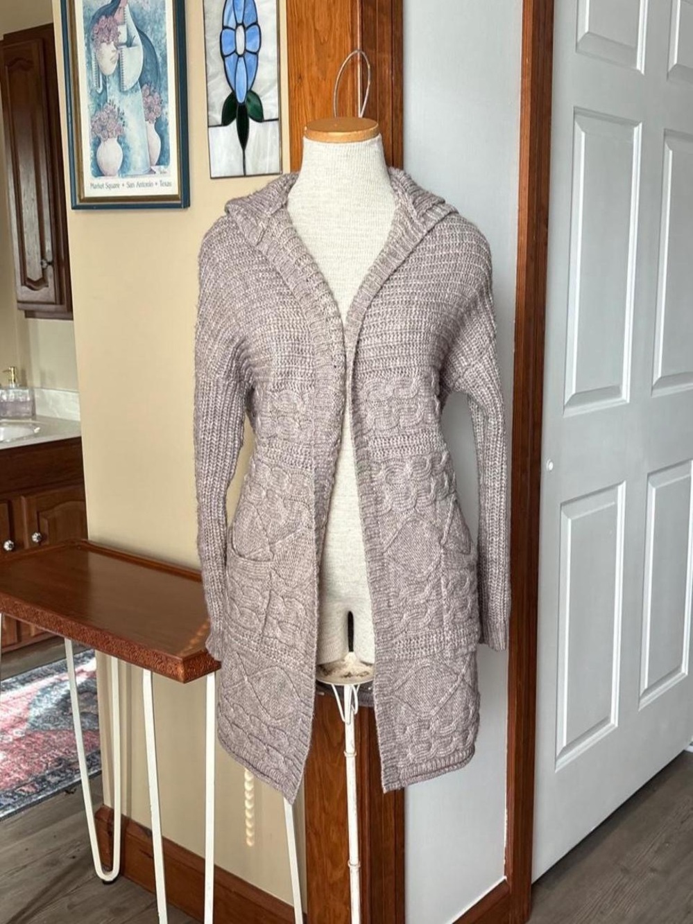 American Eagle Outfitters Light Taupe Hooded Cable-Knit Cardigan